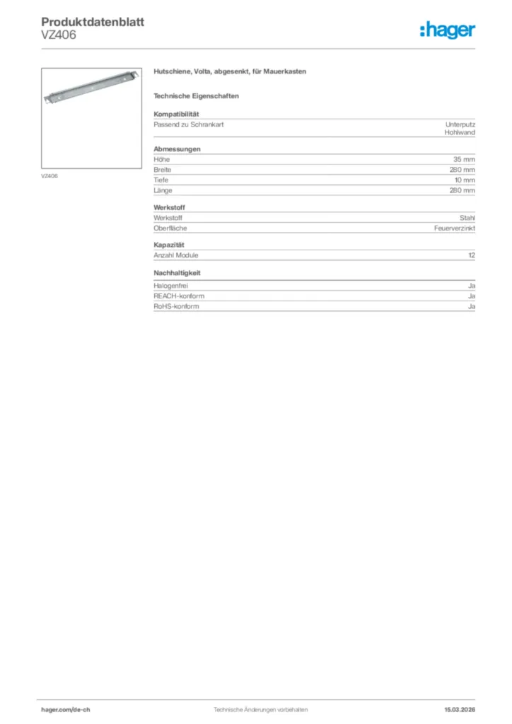 Bild Hager Produktdatenblatt VZ406 | Hager Schweiz