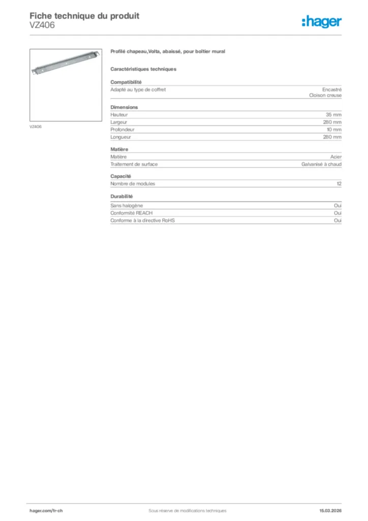 Image Hager Fiche technique du produit VZ406 | Hager Suisse