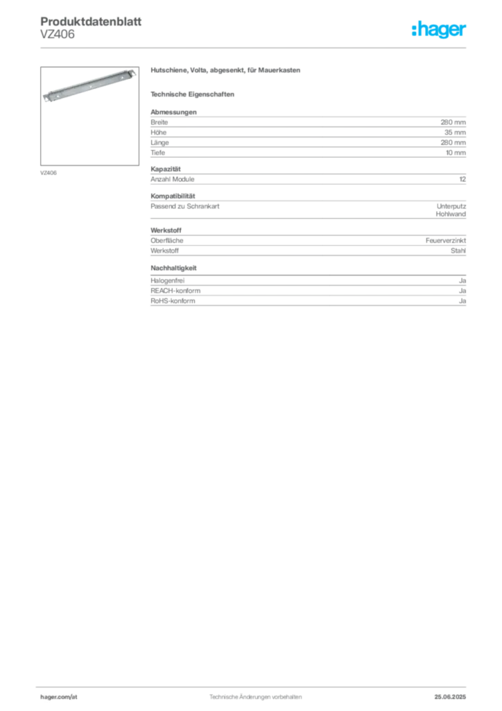 Bild Hager Produktdatenblatt VZ406 | Hager Deutschland