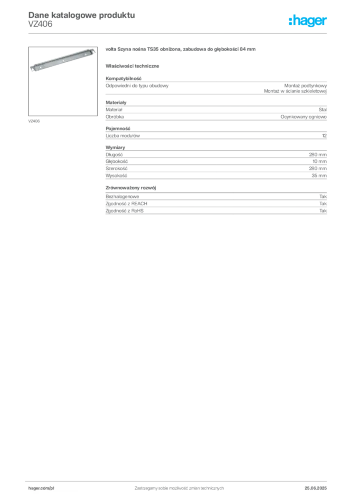 Zdjęcie Hager Karta katalogowa VZ406 | Hager Polska