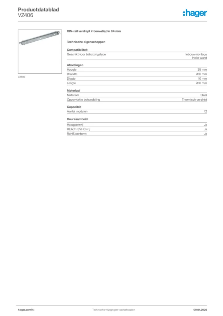 Afbeelding Hager Productdatablad VZ406 | Hager Nederland