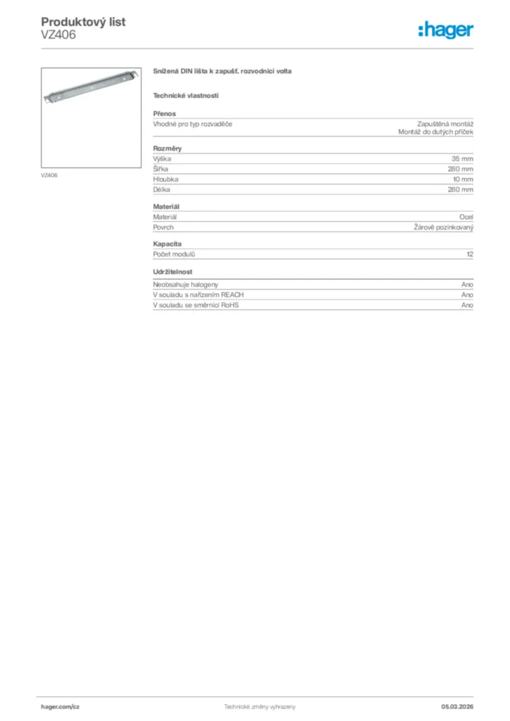 Obrázek Hager Product data sheet VZ406 | Hager