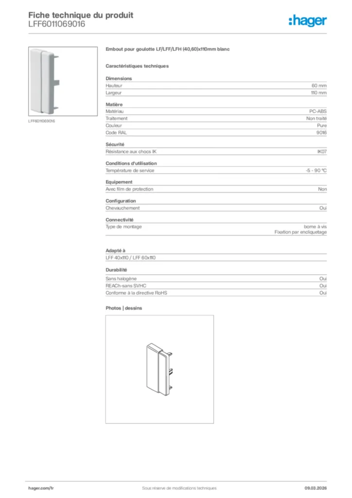 Image Hager Fiche technique du produit LFF6011069016 | Hager France