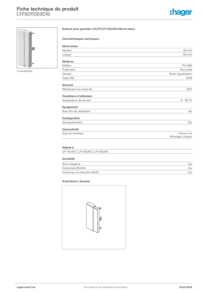Image Hager Fiche technique du produit LFF6011069016 | Hager Belgique