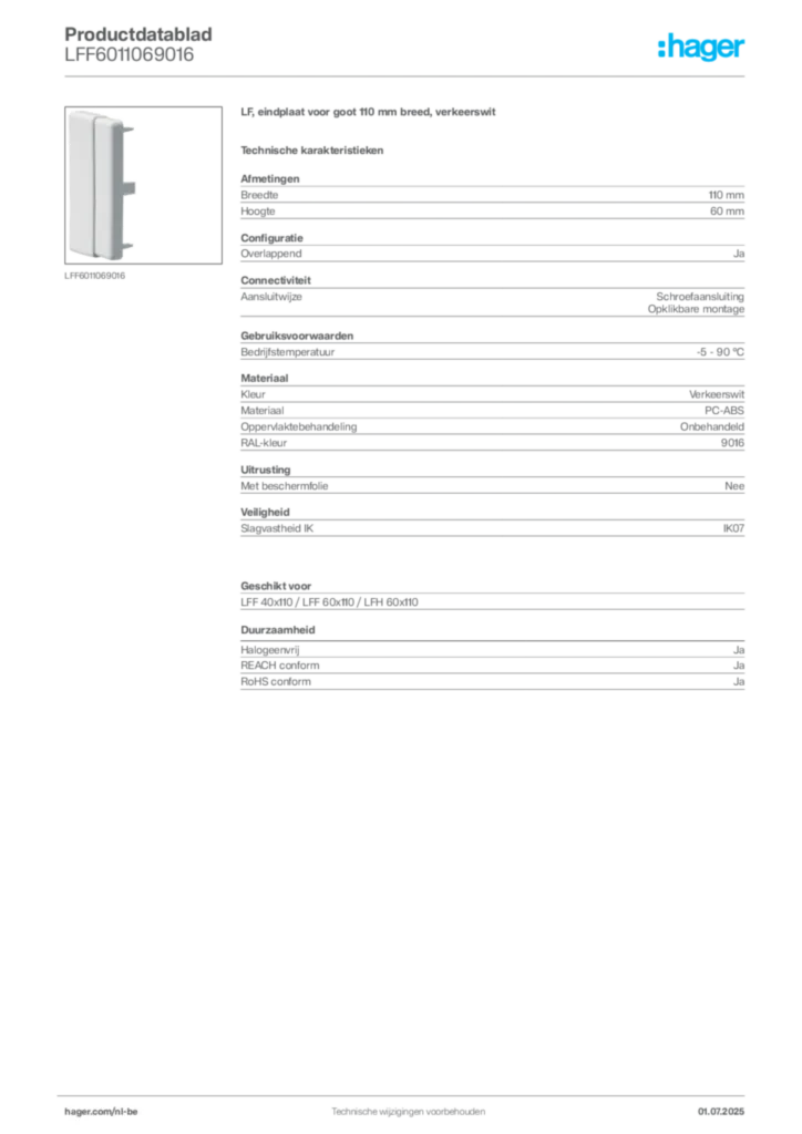 Afbeelding Hager Productdatablad LFF6011069016 | Hager Belgium