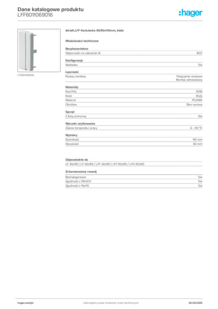Zdjęcie Hager Karta katalogowa LFF6011069016 | Hager Polska