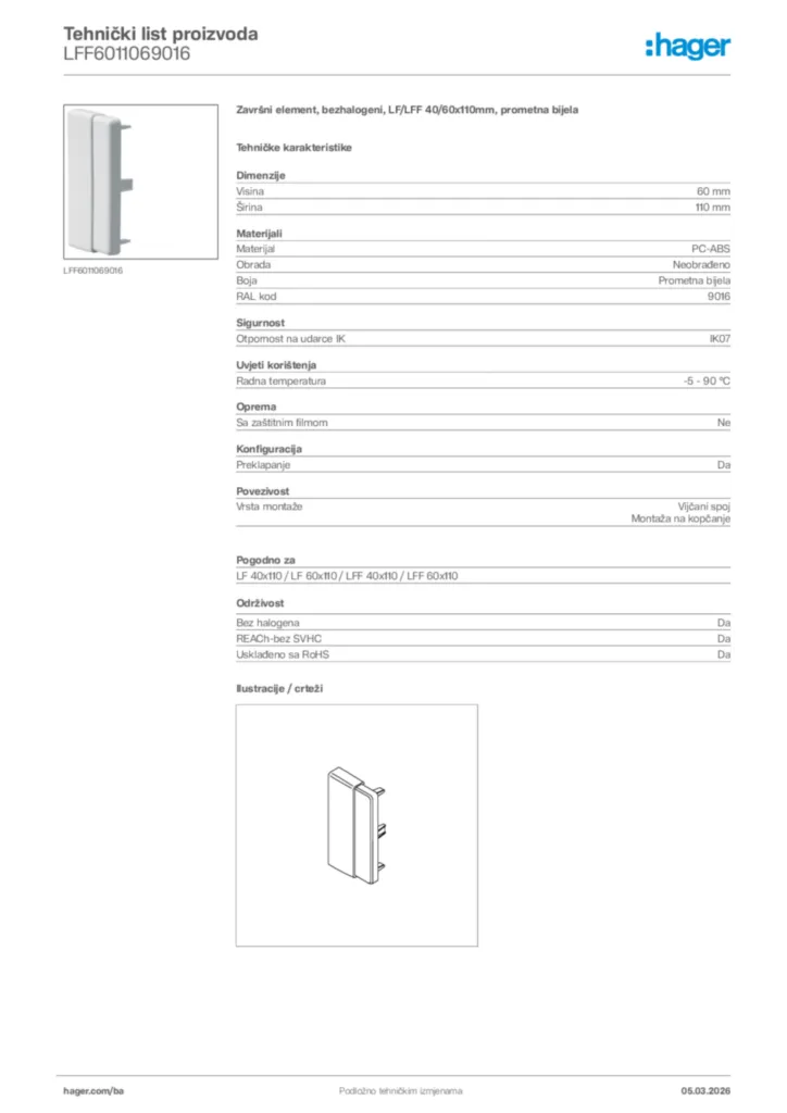 Slika Hager Tehnički list proizvoda LFF6011069016  | Hager