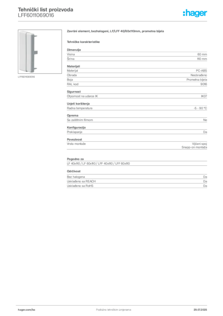 Slika Hager Product data sheet LFF6011069016  | Hager
