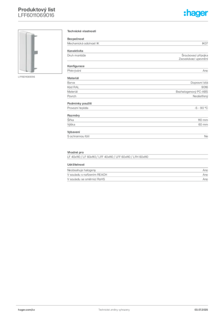 Obrázek Hager Produktový list LFF6011069016 | Hager