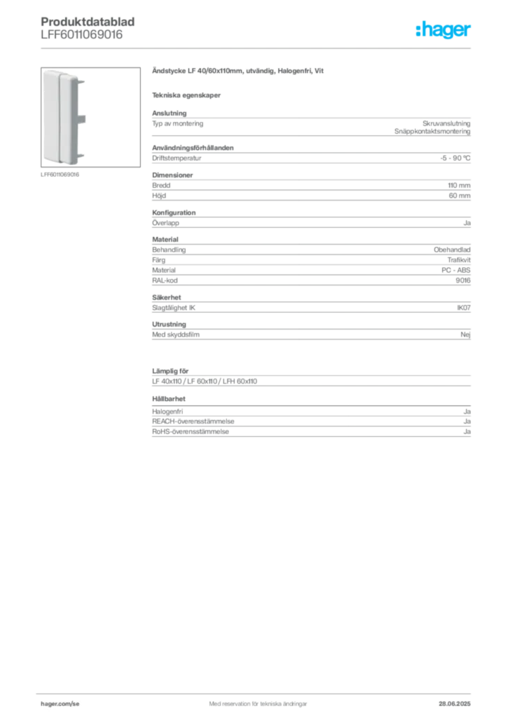 Bild Hager Produktdatablad LFF6011069016 | Hager Sverige