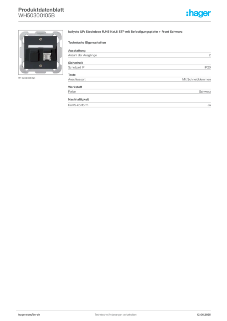 Bild Hager Produktdatenblatt WH50300105B | Hager Schweiz