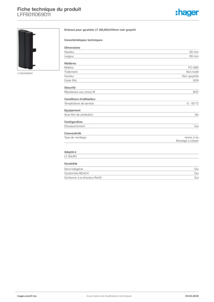 Image Hager Fiche technique du produit LFF6011069011 | Hager Belgique