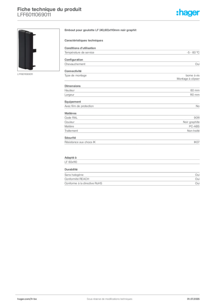 Image Hager Fiche technique du produit LFF6011069011 | Hager Belgique