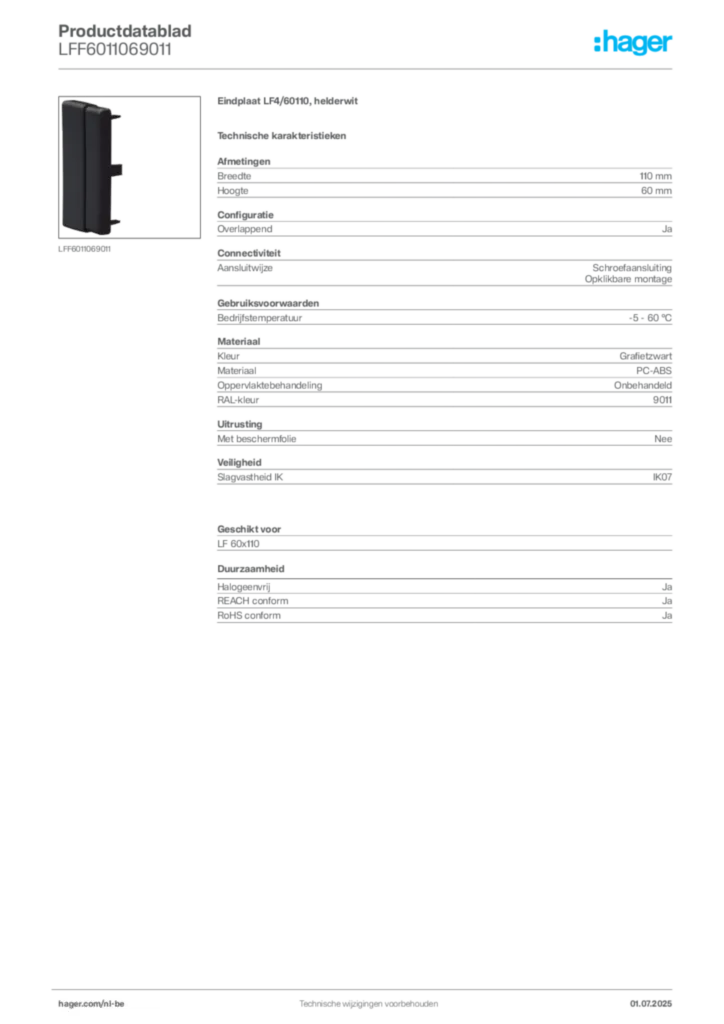 Afbeelding Hager Productdatablad LFF6011069011 | Hager Belgium