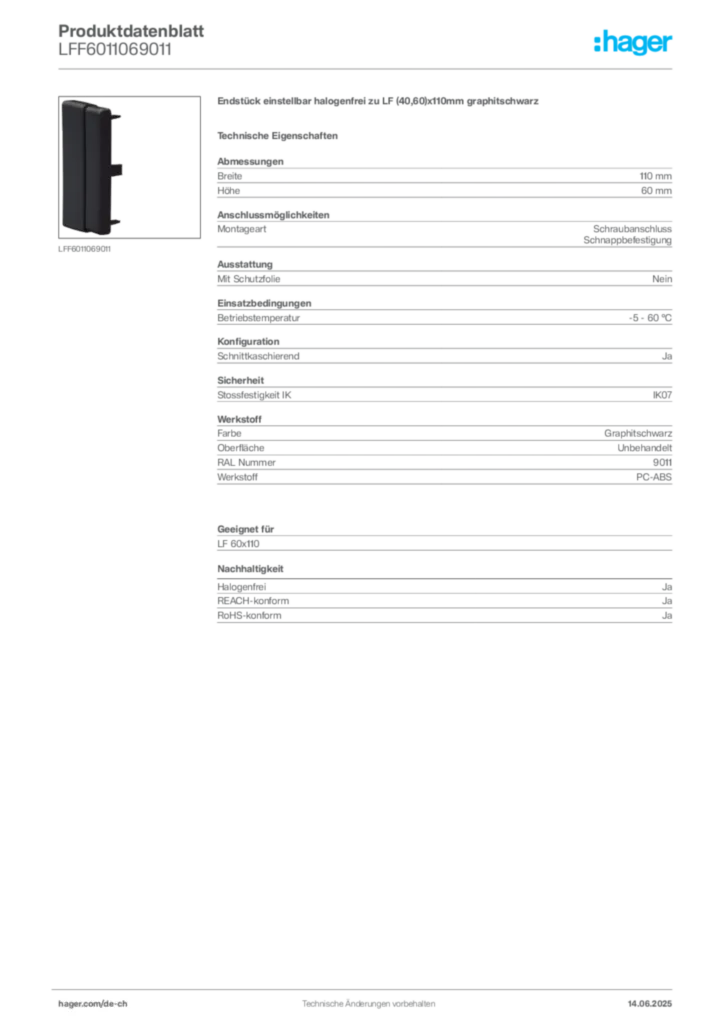 Bild Hager Produktdatenblatt LFF6011069011 | Hager Schweiz