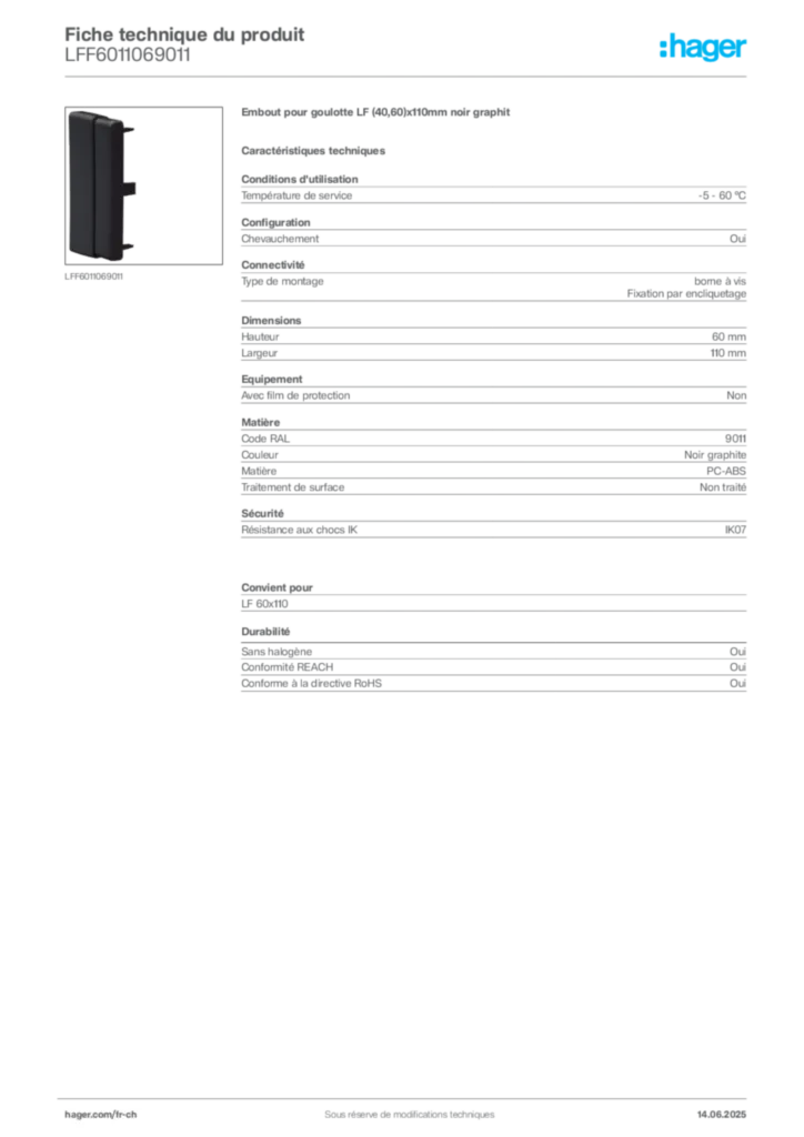 Image Hager Fiche technique du produit LFF6011069011 | Hager Suisse