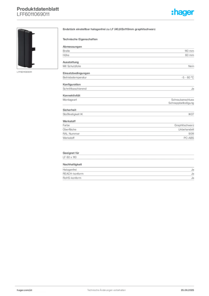 Bild Hager Produktdatenblatt LFF6011069011 | Hager Deutschland