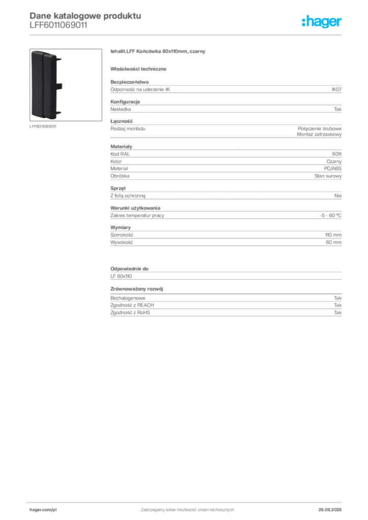 Zdjęcie Hager Karta katalogowa LFF6011069011 | Hager Polska