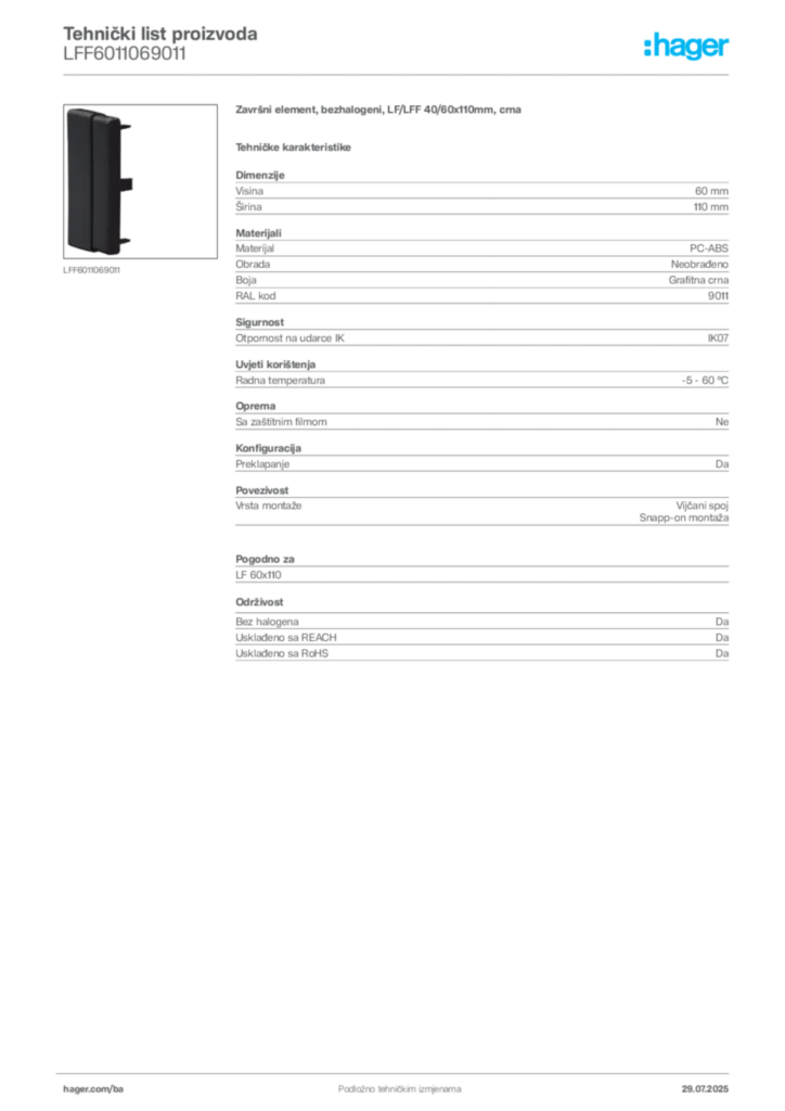 Slika Hager Product data sheet LFF6011069011  | Hager