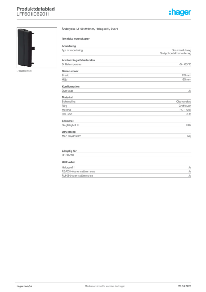 Bild Hager Produktdatablad LFF6011069011 | Hager Sverige