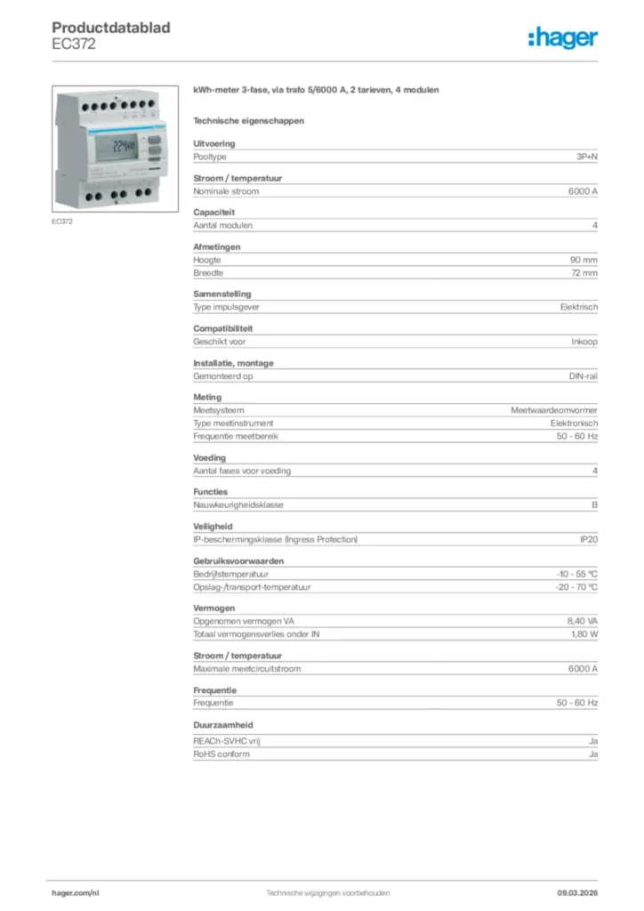 Afbeelding Hager Productdatablad EC372 | Hager Nederland
