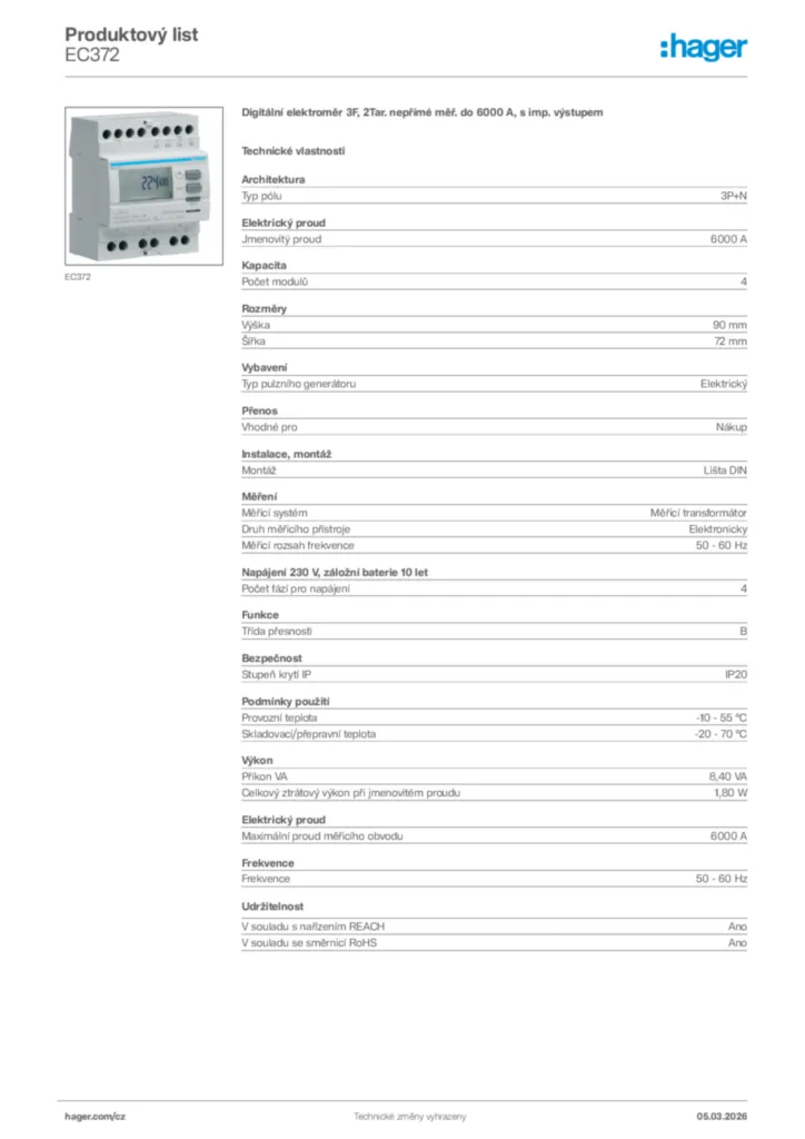 Obrázek Hager Product data sheet EC372 | Hager