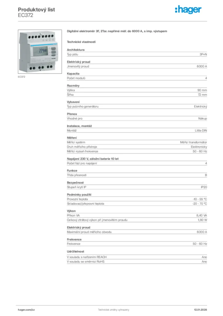 Obrázek Hager Product data sheet EC372 | Hager