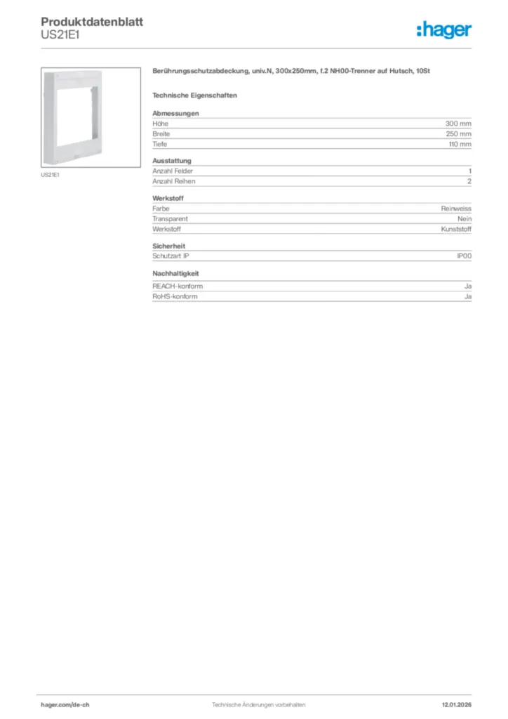Bild Hager Produktdatenblatt US21E1 | Hager Schweiz