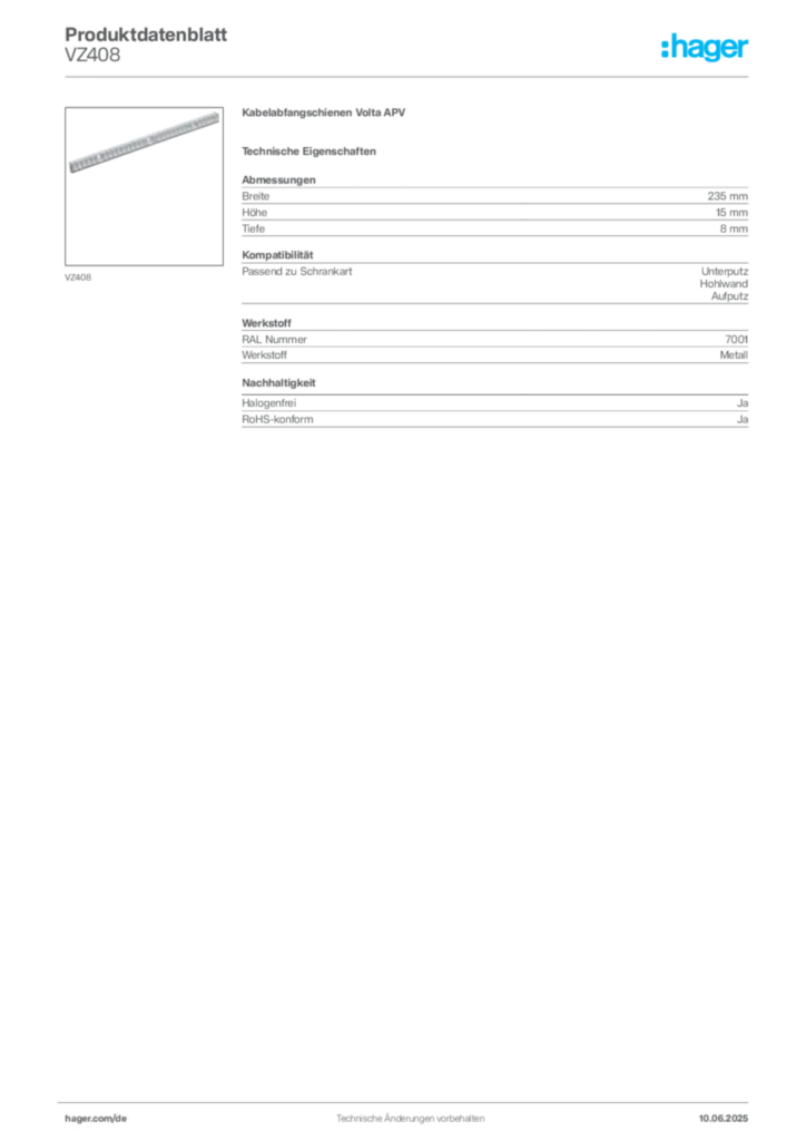 Bild Hager Produktdatenblatt VZ408 | Hager Deutschland