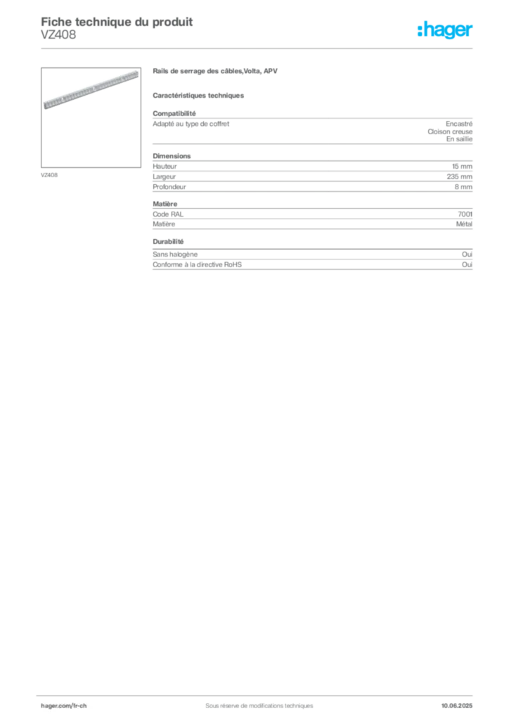 Image Hager Fiche technique du produit VZ408 | Hager Suisse