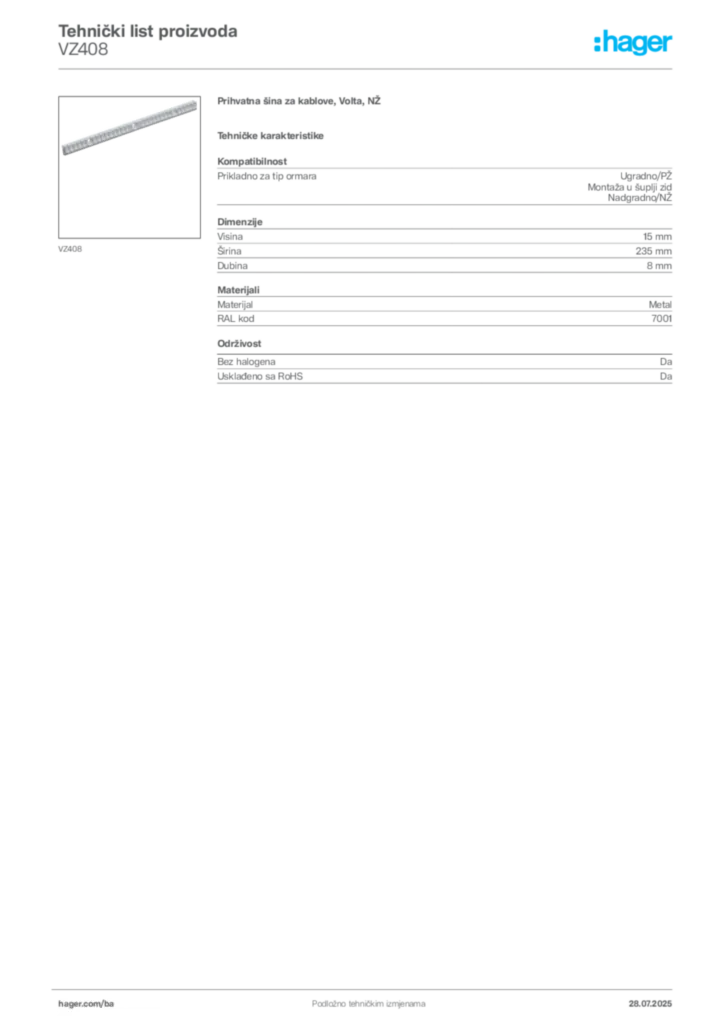 Slika Hager Product data sheet VZ408  | Hager