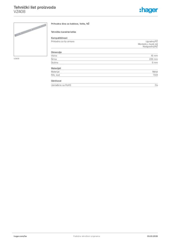 Slika Hager Tehnički list proizvoda VZ408  | Hager