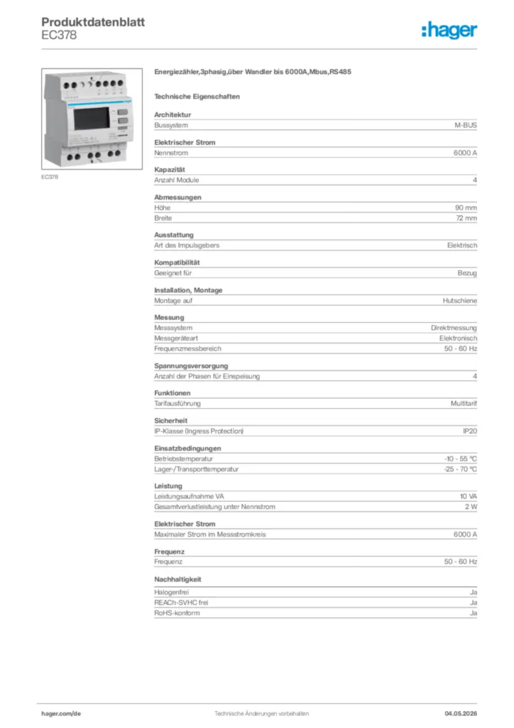 Bild Hager Produktdatenblatt EC378 | Hager Deutschland