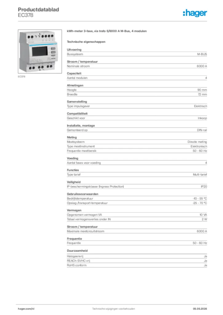 Afbeelding Hager Productdatablad EC378 | Hager Nederland