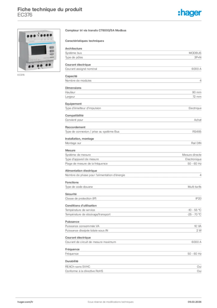 Image Hager Fiche technique du produit EC376 | Hager France