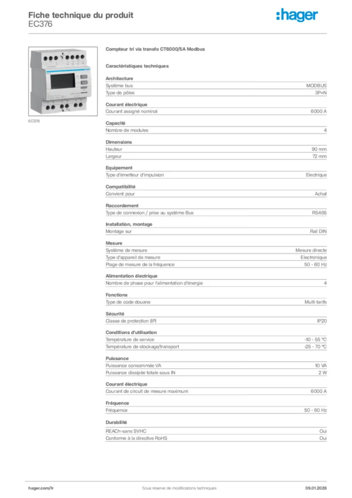Image Hager Fiche technique du produit EC376 | Hager France