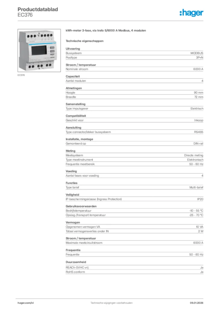 Afbeelding Hager Productdatablad EC376 | Hager Nederland