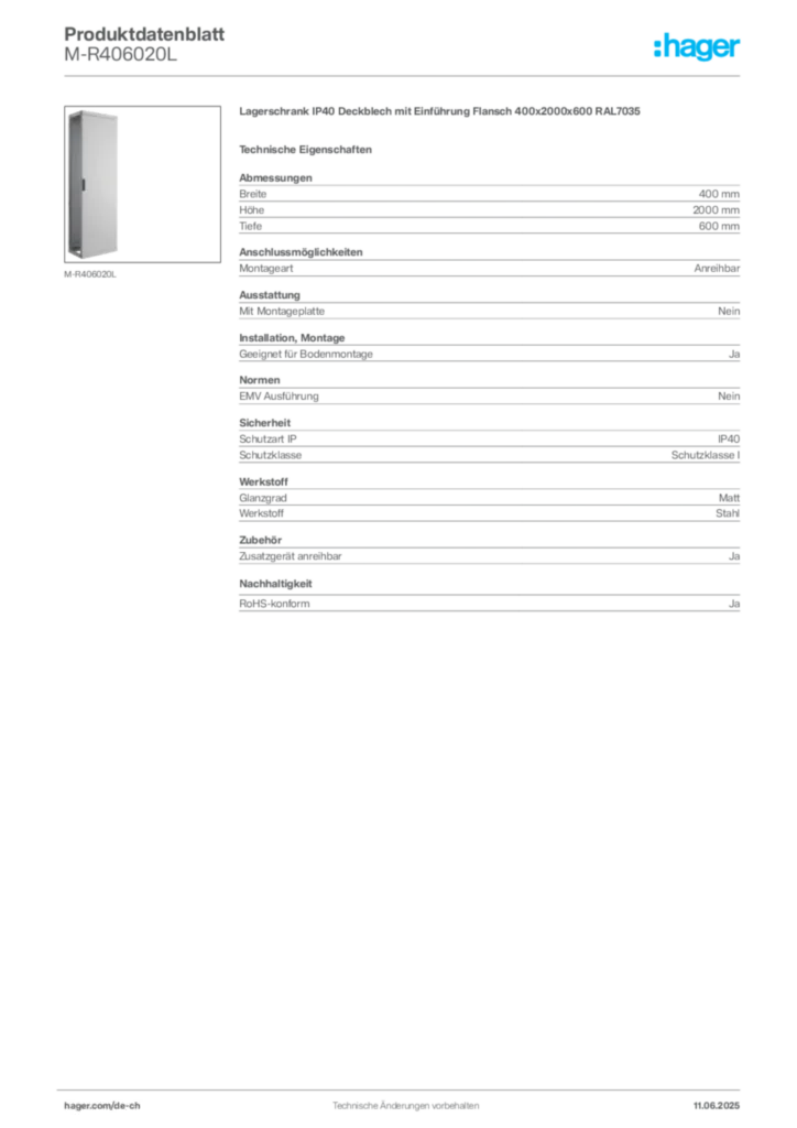 Bild Hager Produktdatenblatt M-R406020L | Hager Schweiz