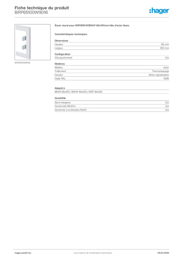 Image Hager Fiche technique du produit BRP65100W9016 | Hager Belgique