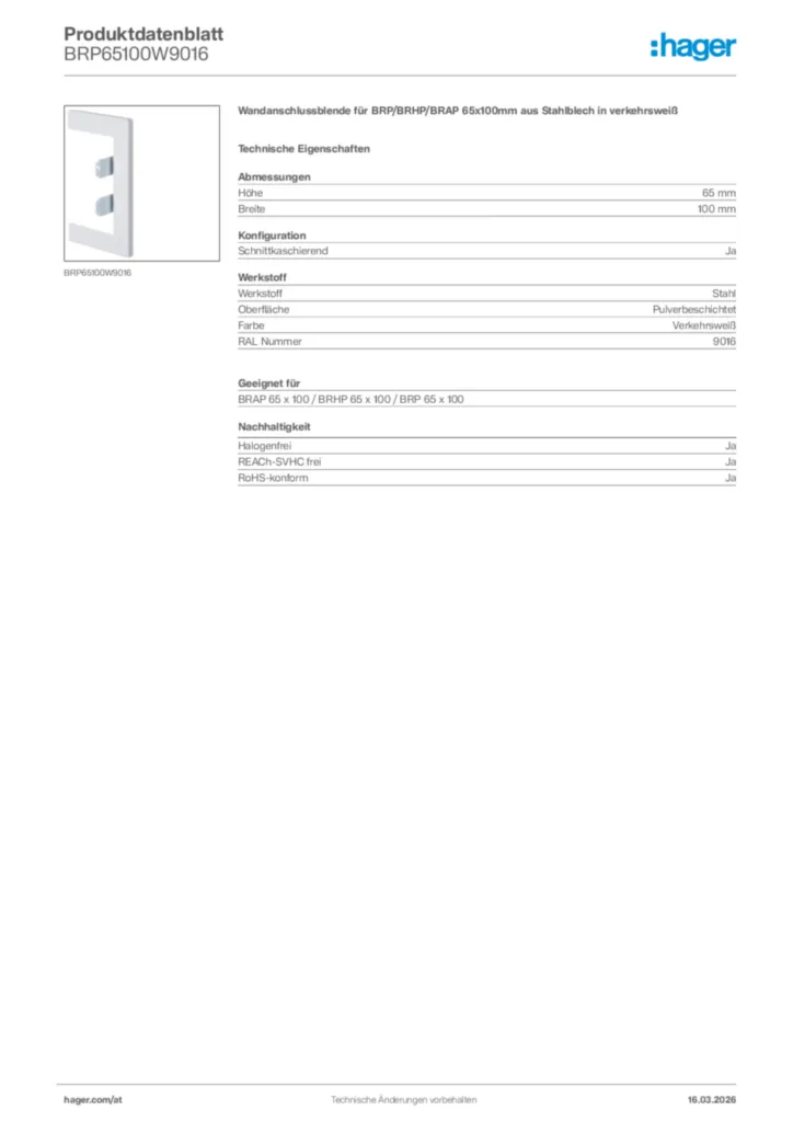 Bild Hager Produktdatenblatt BRP65100W9016 | Hager Deutschland