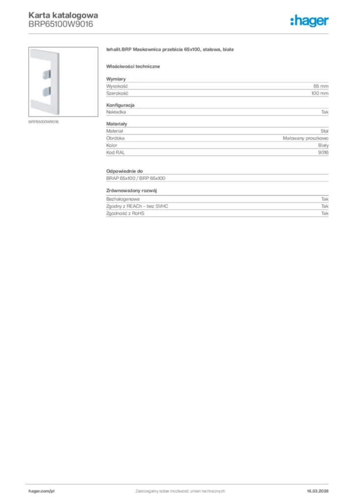 Zdjęcie Hager Karta katalogowa BRP65100W9016 | Hager Polska