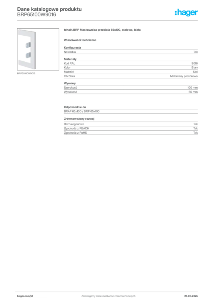 Zdjęcie Hager Karta katalogowa BRP65100W9016 | Hager Polska