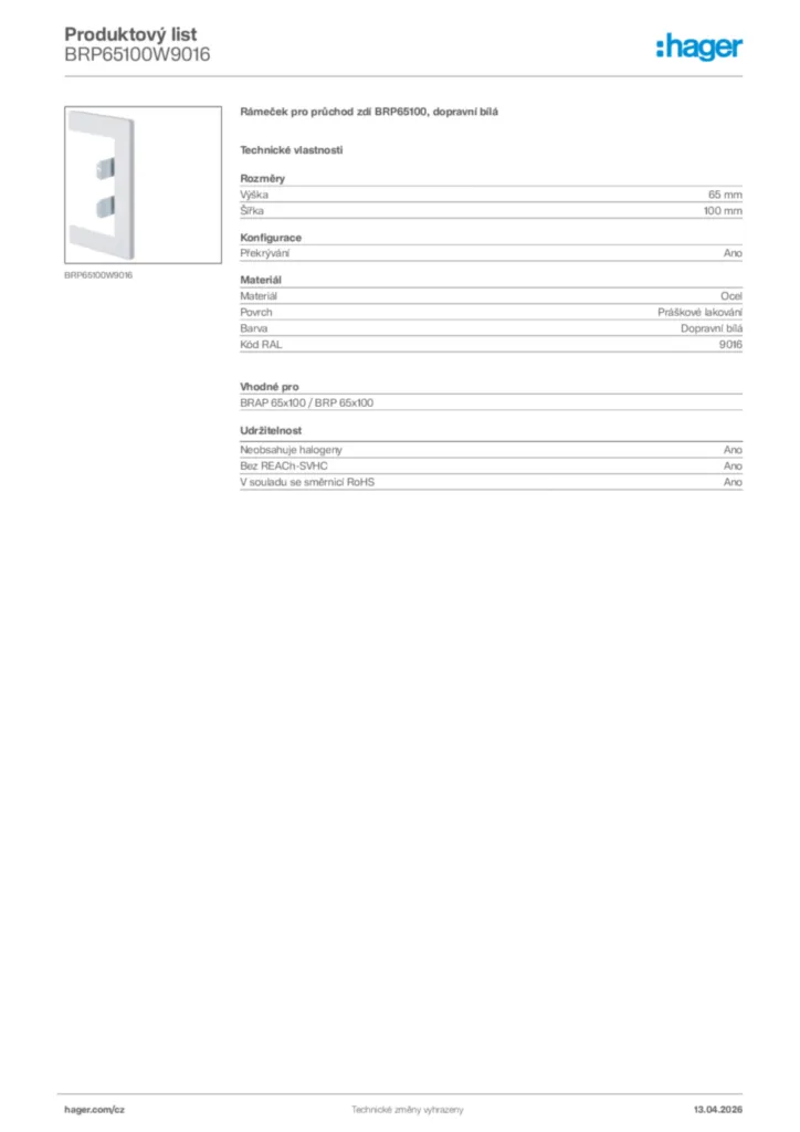 Obrázek Hager Product data sheet BRP65100W9016 | Hager