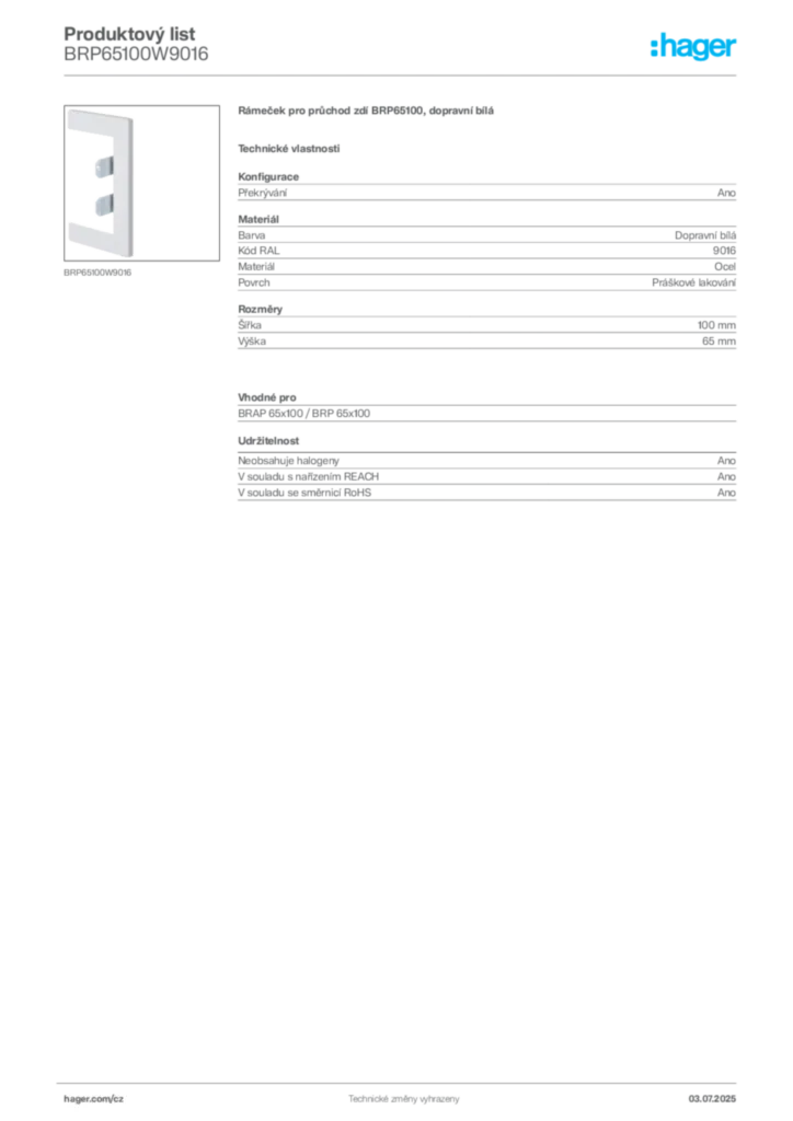 Obrázek Hager Produktový list BRP65100W9016 | Hager