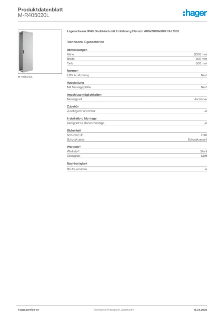 Bild Hager Produktdatenblatt M-R405020L | Hager Schweiz