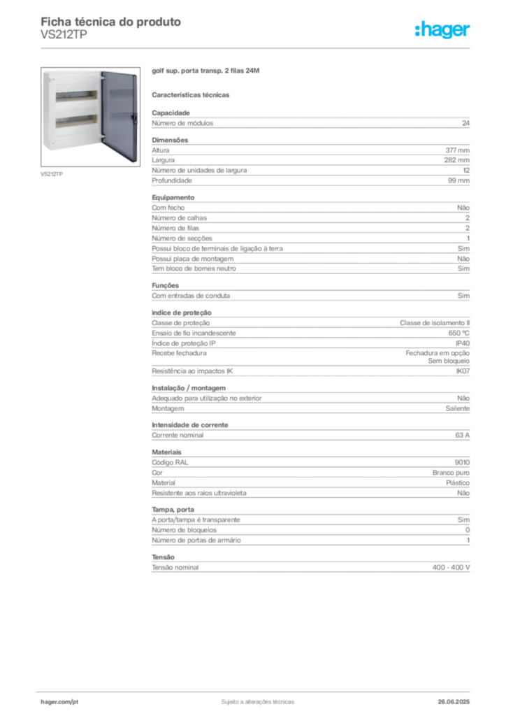 Imagem Hager Ficha técnica do produto VS212TP | Hager Portugal