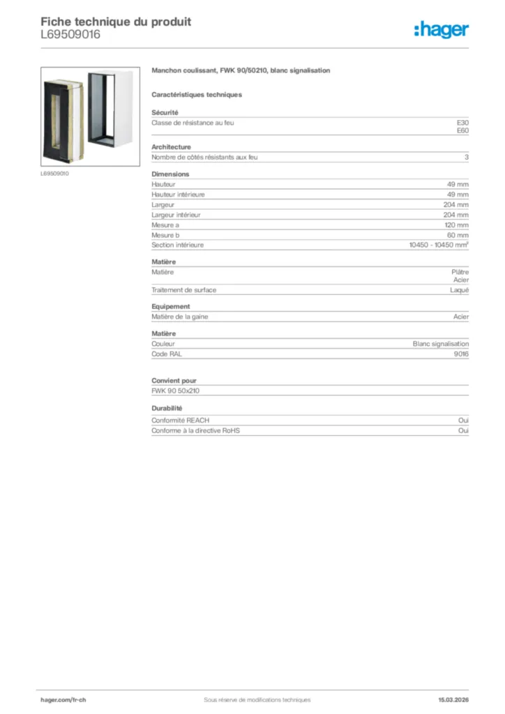 Image Hager Fiche technique du produit L69509016 | Hager Suisse