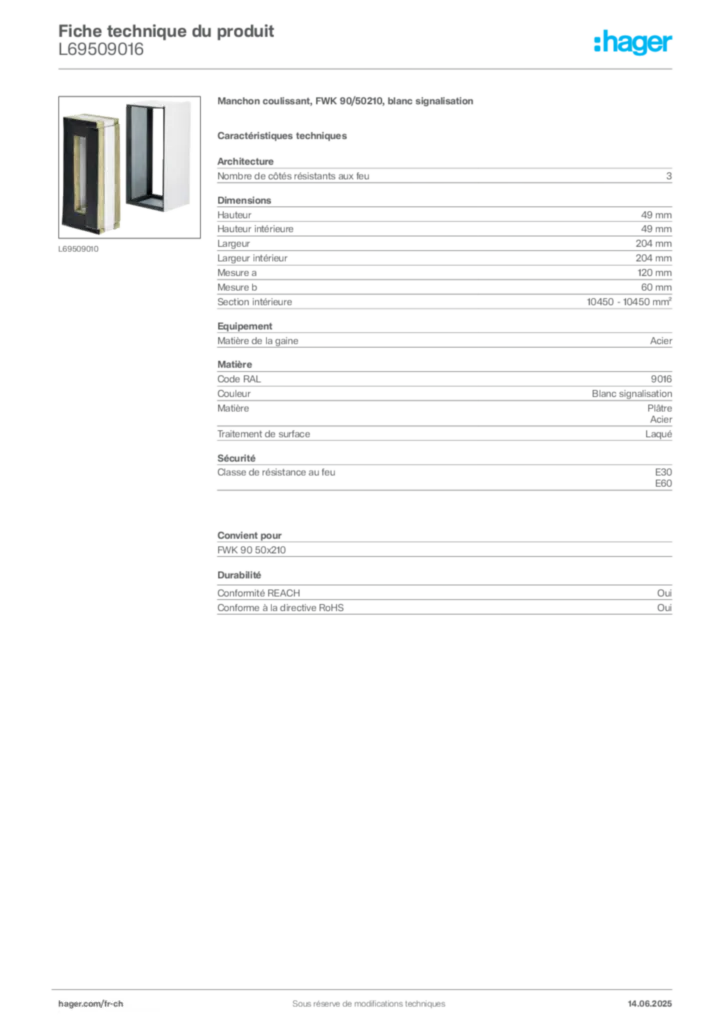 Image Hager Fiche technique du produit L69509016 | Hager Suisse