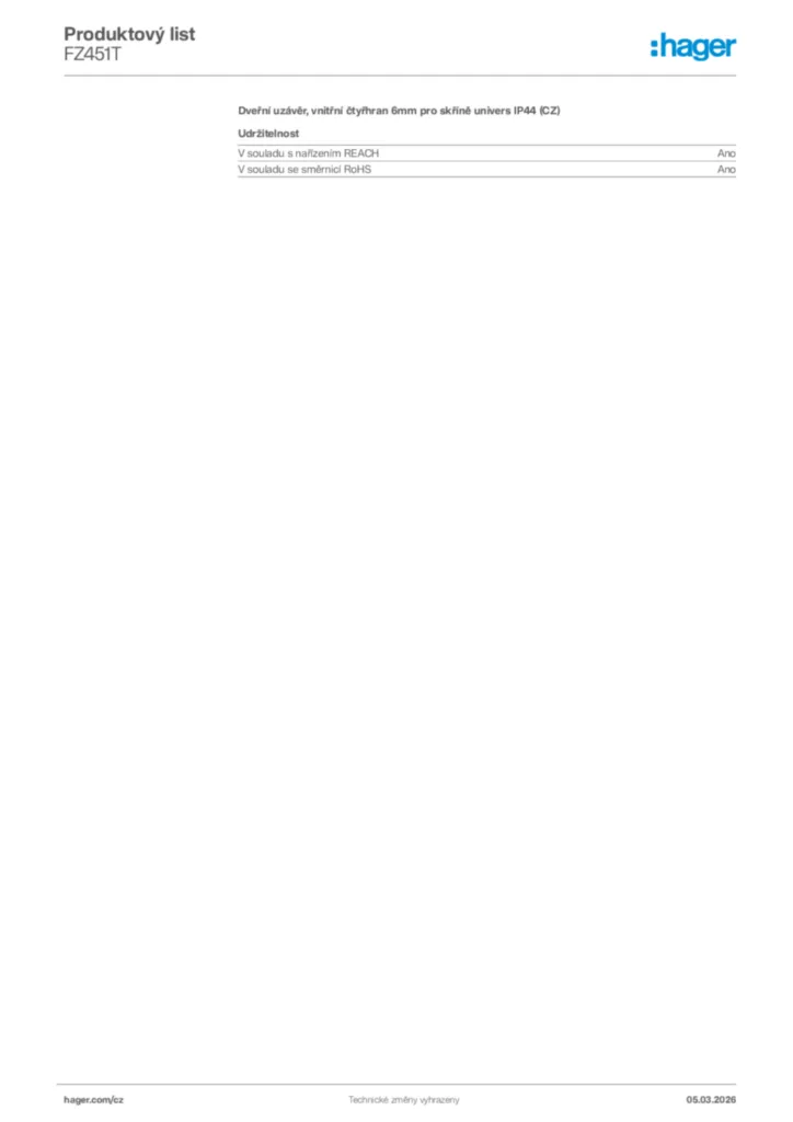Obrázek Hager Product data sheet FZ451T | Hager