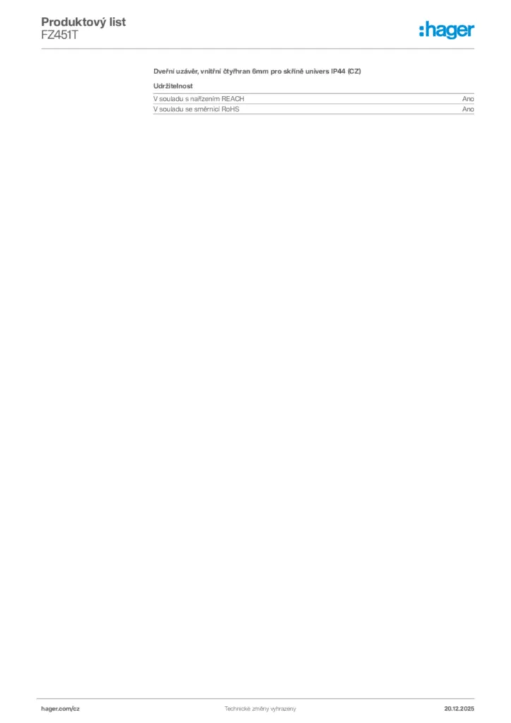 Obrázek Hager Produktový list FZ451T | Hager